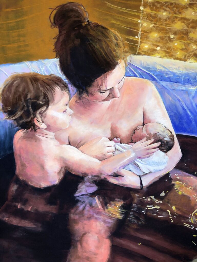 IMG_2121 Tenderness captured in a birth painting of a woman and her son welcoming his new born brother