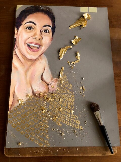 Painting of a woman holding a newborn baby, created with pastels and gold leaf.