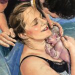 Hand-drawn birth pastel painting showing a father touching his baby just born into the mother's arms at home birth