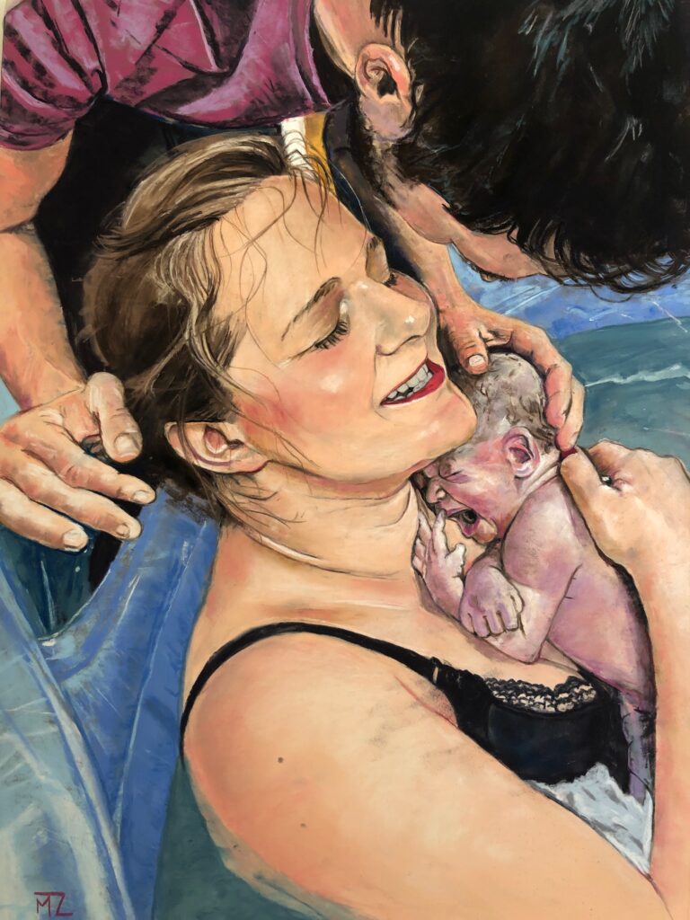 IMG_6945 Hand-drawn birth pastel painting showing a father touching his baby just born into the mother's arms at home birth