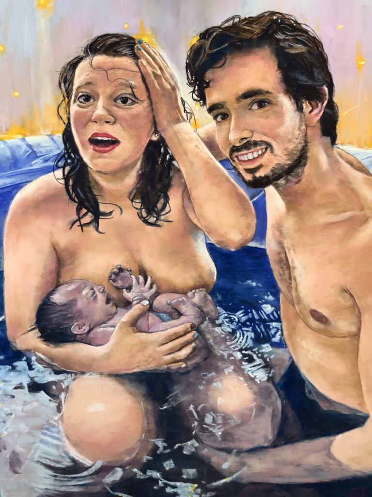 IMG_9151(1) Birth pastel painting depicting a family with their baby just after birth