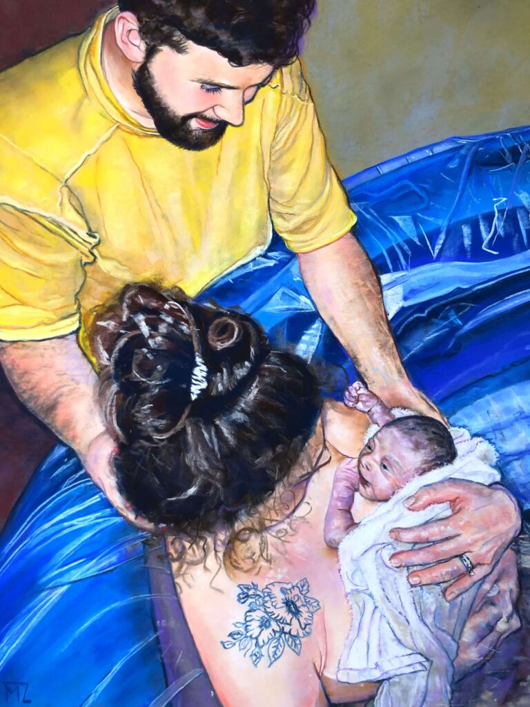 IMG_0542 Artistic depiction of parents holding their baby in a water birth