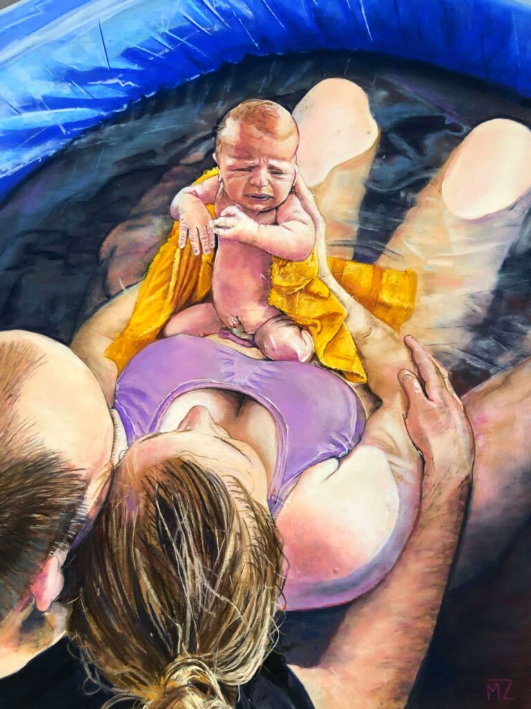 IMG_9843 Painting of a woman and man holding their newborn baby in a birthing pool shortly after birthing pool shortly after birth